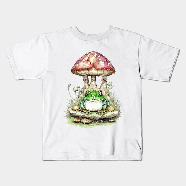 Watercolor Cottagecore Mushroom frog Kids T-Shirt by Fashioned by You, Created by Me A.zed